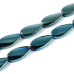 Зеленое Покрытие Стеклянные бусины с гальваническим покрытием , слеза, зеленый покрытием, 26x13x5.5~7 мм, отверстие : 1.5 мм, около 30 шт / нитка, 30.12~30.51 дюйм (76.5~77.5 см)