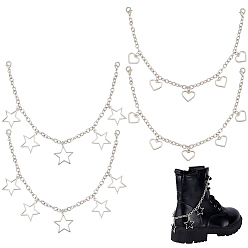 Античный Серебристый & Платиновый 4 шт 2 стили сплав цепи для ремней для ботинок, звезда/сердце, старинное серебро и платина, 313~319 мм, 2 шт / стиль