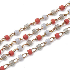 Colorful TOHO Japan Import Seed Beads, Handmade Glass Beaded Chains, Soldered, with Spool, Brass Findings, Column, Unplated, Colorful, 2mm, about 26.24 Feet(8m)/roll