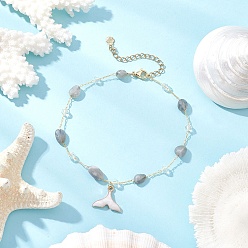 Белый Латунные браслеты ручной работы из натурального лабрадорита с подвеской в виде хвоста кита из сплава и эмали для женщин, золотые, белые, 9-3/8 дюйм (237 мм)