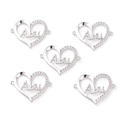 Platinum Brass Micro Pave Clear Cubic Zirconia Links, Long-Lasting Plated, Heart with Word Abu, Platinum, 19x23x3mm, Hole: 1.2mm