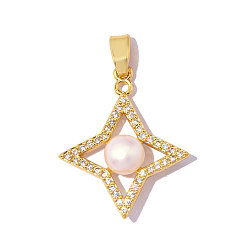 Белый Латунные подвески с фианитами, с ABS имитации жемчуга, звезды прелести, ионное покрытие (ip), зеркальная полировка, реальный 18 k позолоченный, белые, 27x18 мм, отверстие : 5.1 мм