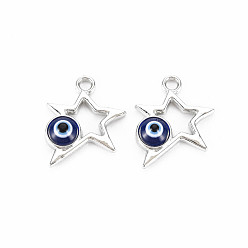 Dark Blue Alloy Enamel Pendants, Platinum, Cadmium Free & Lead Free, Star with Evil Eye, Dark Blue, 19.5x15x4mm, Hole: 1.8mm