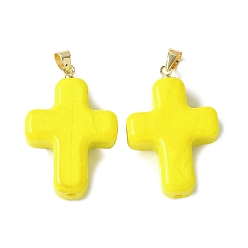 Желтый Лэмпворк ручной работы с латунными подвесками, крестик, желтые, 29.5x19.5x7.5 мм, отверстие : 3.5x4.5 мм