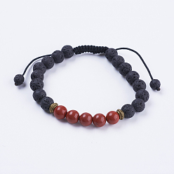 Красный Камень Регулируемые нейлоновые шнур плетеный браслеты из бисера, с лавовой скалой, бусины из красной яшмы и фурнитура из сплава, 2-1/8 дюйм (54 мм)