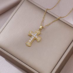 Прозрачный 304 Кулон в виде религиозного креста из нержавеющей стали с микропаве из кубического циркония 304 Цепочка из нержавеющей стали, золотые, прозрачные, 15.75 дюйм (40 см)