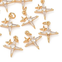 Real 18K Gold Plated SHEGRACE Brass Pave Clear Cubic Zirconia Pendants, Star Charms, with Jump Ring, Cadmium Free & Lead Free & Nickel Free, Real 18K Gold Plated, 16.5x14x5mm, Hole: 3mm