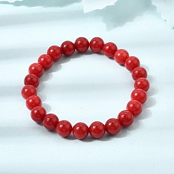 Red 8MM Natural Dyed White Jade Round Beaded Stretch Bracelets for Women, Red, Inner Diameter: 1.93 inch(4.9cm)