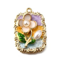 Разноцветный Подвески из эмали и сплава, с ABS имитации жемчуга, прямоугольник с цветочной подвеской, стойки покрытие, долговечный, без свинца, без кадмии и без никеля, золотые, красочный, 27x19x6.5 мм, отверстие : 1.5 мм