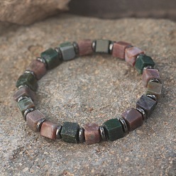 (RRHB277) Кристалл на подкладке из медово-бежевого цвета Эластичные браслеты из кубического натурального индийского агата и синтетических немагнитных гематитовых бусин для женщин и мужчин., регулируемый