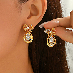 Золотой Серьги-гвоздики в форме бабочки из прозрачного кубического циркония из латуни с подвесками в форме слезы, золотые, 28x15 мм