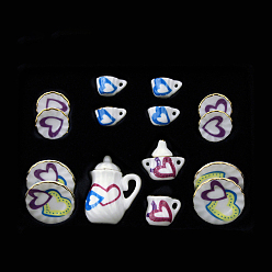 Heart Mini Porcelain Tea Set, including 2Pcs Teapots, 5Pcs Teacups, 8Pcs Dishes, for Dollhouse Accessories, Pretending Prop Decorations, Heart Pattern, 121x86x25mm, 15pcs/set