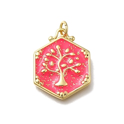 Ярко-Розовый Подвески барс, с эмалью, кольцо для прыжков, шестиугольник с деревом, без свинца и без кадмия, золотые, ярко-розовый, 22.5x17.5x2.5 мм, отверстие : 3 мм