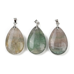 Флюорит Природного флюорита подвески, подвески-капли с латунной фурнитурой, платина, 34x20x8 мм, отверстие : 4x5 мм