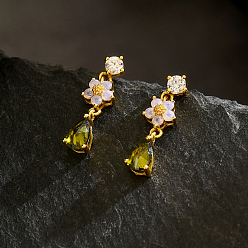 Настоящее золото 18K Латунные серьги-гвоздики в форме каплевидных подвесок, со стразами, реальный 18 k позолоченный, 21.2x4.6 мм