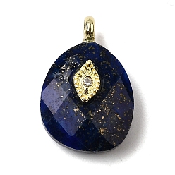 Ляпис-Лазурь Крашеные природные лазурит подвески, граненые подвески-слезинки с латунной фурнитурой из прозрачных кубических цирконий, реальный 18 k позолоченный, 18x12x6.5 мм, отверстие : 1.8 мм