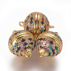 Золотой Магнитные застежки из латуни с цирконием и микропаве с петлями, круглые, красочный, золотые, 16.5x12.5 мм, отверстие : 1.4 мм
