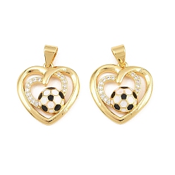 Real 18K Gold Plated Brass Micro Pave Clear Cubic Zirconia Pendants, with Black Enamel, Heart with Football Charms, Rack Plating, Long-Lasting Plated, Lead Free & Cadmium Free, Real 18K Gold Plated, 18x17x5mm, Hole: 5x3mm