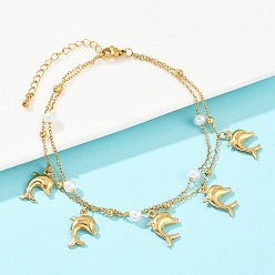 Настоящее золото 18K 304 браслеты на ногу из нержавеющей стали с акриловыми бусинами в виде дельфина для женщин, ионное покрытие (ip), белые, реальный 18 k позолоченный, 8-1/2 дюйм (215 мм)