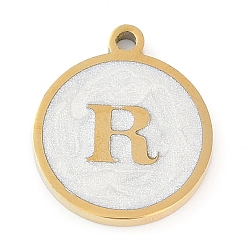 Letter R Ионное покрытие (ip) 201 подвески из нержавеющей стали, белой эмалью, реальный 18 k позолоченный, плоские круглые с буквы, Буква R, 18.5x15.5x2 мм, отверстие : 1.6 мм