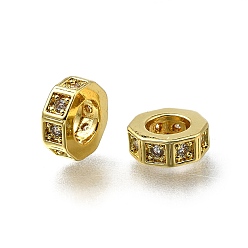 Настоящее золото 18K Латунные микропаве из прозрачного кубического циркония, бусины с большим отверстием, многоугольник, долговечный, стойки покрытие, без свинца и без кадмия, реальный 18 k позолоченный, 8x3 мм, отверстие : 4.5 мм