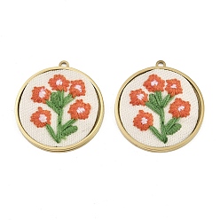 Plaqué 18K Or Véritable 304 Pendentifs en acier inoxydable et brodés, plat rond avec des charmes de fleurs, orange foncé, placage ionique (ip), plaqué longue durée, réel 18 k plaqué or, 28x25x3.5mm, Trou: 1.6mm