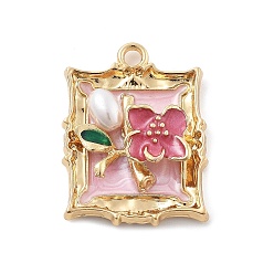 Pink Подвески из эмали и сплава, прямоугольник с цветочной подвеской, с пластмассовой жемчужиной abs, розовые, 25.5x19x5 мм, отверстие : 2 мм