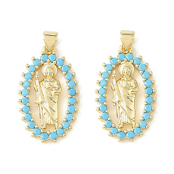 Real 18K Gold Plated Brass Micro Pave Sky Blue Cubic Zirconia Pendants, Oval with Saint Charms, Rack Plating, Long-Lasting Plated, Cadmium Free & Lead Free, Real 18K Gold Plated, 26x15.5x3mm, Hole: 4x3mm
