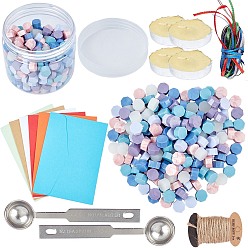 Mixed Color Sealing Wax Beads Wax Seal Kit, include Wax Seal Spoon, Vintage Envelopes, Hemp String, Satin Ribbon, Mixed Color, 9x5mm