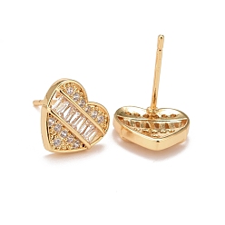 Real 18K Gold Plated Clear Cubic Zirconia Heart Stud Earrings, Rack Plating Brass Jewelry for Women, Cadmium Free & Lead Free, Real 18K Gold Plated, 10x11mm, Pin: 0.8mm