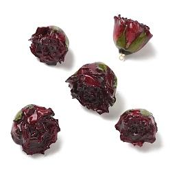 Dark Red Brass Epoxy Resin Pendants, Inner Dried Flower Pendants, Rose Flower Charm, with Golden Loop, Dark Red, 19~27x21~27x19~28.5mm, Hole: 1.6mm