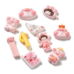 Pink Stationery Theme Opaque Pig Study Tool Resin Decoden Cabochons, Ruler & Pen& Notebook, Mixed Shapes, Pink, 15~30.5x10.5~29x6~8mm