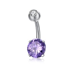 Purple Piercing Jewelry, Brass Cubic Zirconia Navel Ring, Belly Rings, with 304 Stainless Steel Bar, Lead Free & Cadmium Free, Flat Round, Platinum, Purple, 21x8mm, Bar: 15 Gauge(1.5mm), Bar Length: 3/8"(10mm)