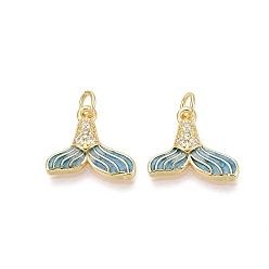 Стально-синий Латунные микропаве прозрачные подвески с фианитом, прелести рыбий хвост, с эмалью, золотые, стальной синий, 13.5~14x15.5~16x3 мм, отверстие : 3 мм, Перейти кольцо: 5x0.8 мм, внутренний диаметр: 3 мм