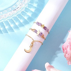 Аметист 3шт. медная проволока, обернутая натуральным аметистом, ограненные круглые бусины, кольца для женщин, золотые, звезда, молния и луна, 4~15 мм, внутренний диаметр: 18~19 мм