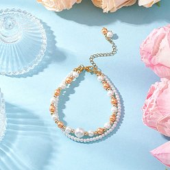 Персиковый Слойка Браслеты из стеклянных жемчужин, круглые бусины, многорядные, и застежки-клешни из цинкового сплава, розовые, 8 дюйм (20.3 см)