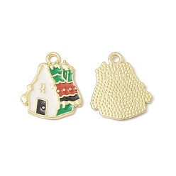 Green Alloy Enamel Pendants, House Charm, Golden, Green, 19.5x17x1.4mm, Hole: 2mm