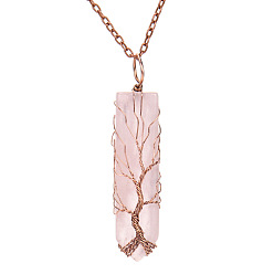 Rose Quartz Natural Rose Quartz Bullet Copper Wire Wrapping Pendant Necklaces, Cable Chain Necklace, 20-7/8 inch(53cm)