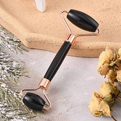Obsidian Natural Obsidian Massage Tools, Facial Rollers, with Brass Findings, Rose Gold, 13.5~15.3x4~6x2~2.05cm