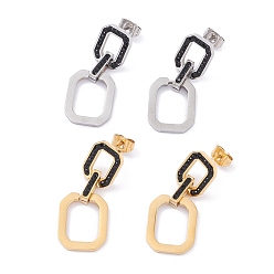 Mixed Color 304 Stainless Steel Stud Earrings, with Rhinestone, Octagon Rectangle, Ion Plating(IP), Mixed Color, 34mm, Pin: 0.8mm