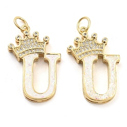 Letter U Латунные микропаве прозрачные подвески с фианитом, без кадмия и без свинца, с синтетическим опалом, реальный 18 k позолоченный, с целью перехода в кольце, Буква U, 26.5~33x14~23.5x3.5~4.5 мм, отверстие : 4.5 мм