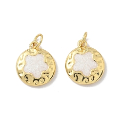 Белый Латунь эмаль прелести, с целью перехода в кольце, стойки покрытие, долговечный, без кадмия и без свинца, плоская круглая с подвеской в виде цветка, реальный 18 k позолоченный, белые, 14.5x12.5x2.5 мм, отверстие : 3 мм