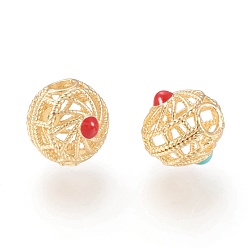 Real 18K Gold Plated Brass Beads, with Enamel, Hollow, Rondelle, Red & Turquoise, Real 18K Gold Plated, 9.7x10x10.5mm, Hole: 3mm
