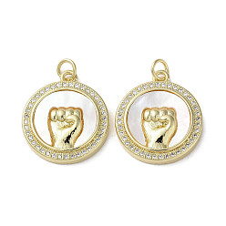 Real 18K Gold Plated Gesture Theme Brass Micro Pave Cubic Zirconia Pendants, with Shell, Flat Round, Cadmium Free & Lead Free, Real 18K Gold Plated, 21.5x19x4mm, Hole: 3mm
