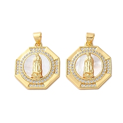 Polygon Латунные микро проложить кубического циркония подвески, Дева Мария, с оболочкой, реальный 18 k позолоченный, стойки покрытие, прочное покрытие, без кадмия и без свинца, многоугольник, 22.5x20x4 мм, отверстие : 4.5x3.5 мм
