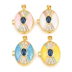 (52) Непрозрачная лаванда Подвески латуни медальон, с эмалью, стеклом и кубическим цирконием, без кадмия и без свинца, реальный 18 k позолоченный, стойки покрытие, долговечный, овальные амулеты, разноцветные, 26.5x21x9 мм, отверстие : 3x5 мм