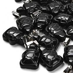 Обсидиан Природные подвески обсидиана, с 201 вывод из нержавеющей стали, черепаха, 26~27x15.5x7.5 мм, отверстие : 4x7.5 мм