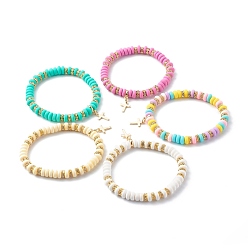 (52) Непрозрачная лаванда Браслеты из полимерной глины ручной работы эластичные браслеты, с латунными бусинами-распорками со стразами и подвеской в виде креста, разноцветные, 1/4 дюйм (0.7 см), внутренний диаметр: 2-1/8 дюйм (5.45 см)