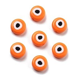 Оранжевый Непрозрачные печатные бусы акриловые, плоские круглые с узором глаз, оранжевые, 10x5 мм, отверстие : 1.8 мм
