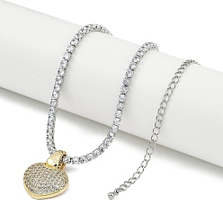 Платиновый & Золотой Латунный прозрачный кубический цирконий кулон в форме сердца со стразами цепочки ожерелья для женщин, платиной и золотом, 12.99 дюйм (33 см), Кулон : 18x20x6 мм